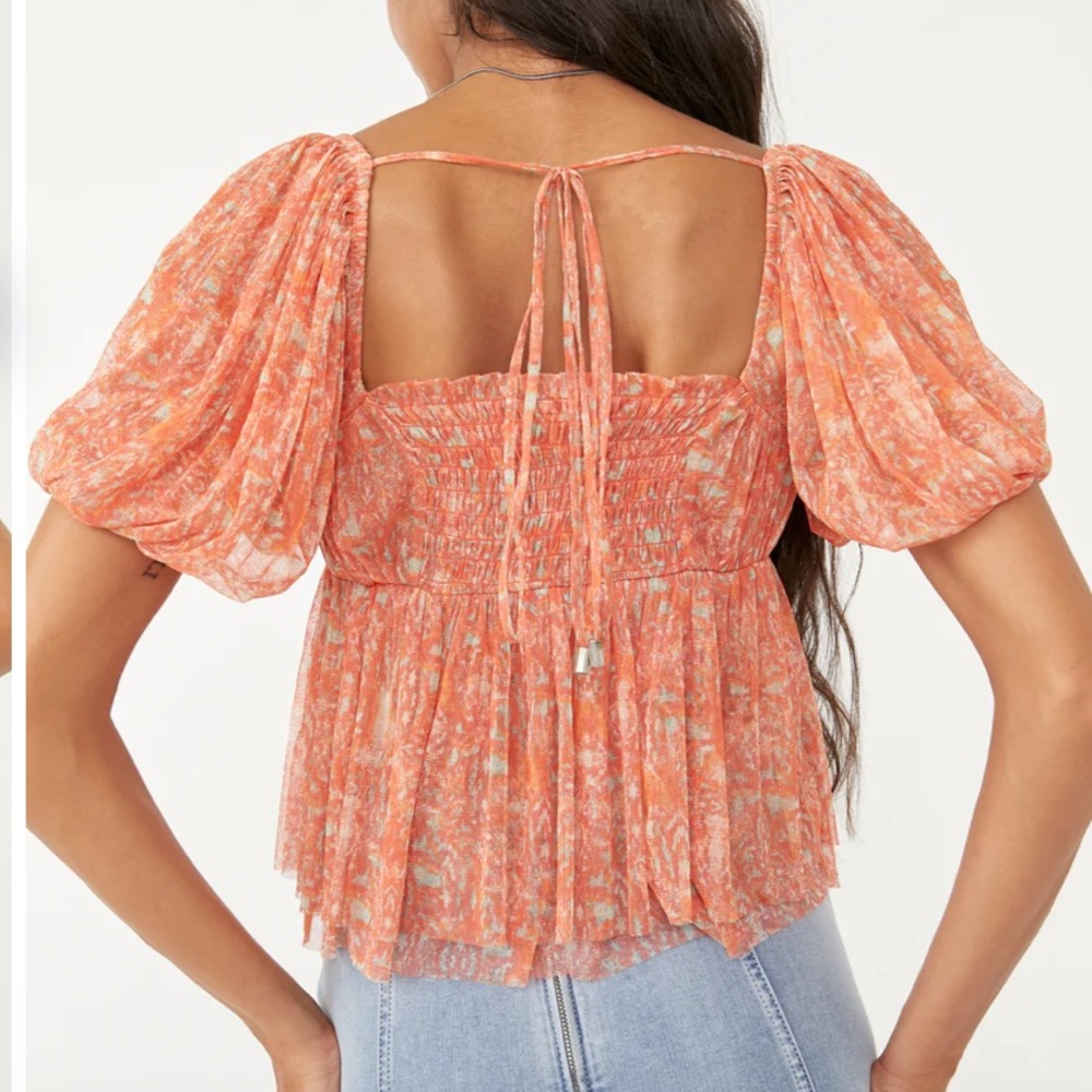 NWOT-Free People Penelope Tee Peach Combo Square Neck Blouse - Picture 15 of 16